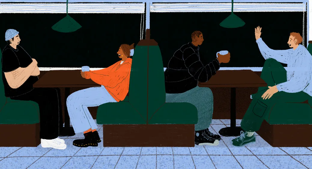 Illustration of friends in a diner, talking.