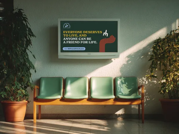 Image of a waiting area with chairs and a sign above it with a hand holding Naloxone